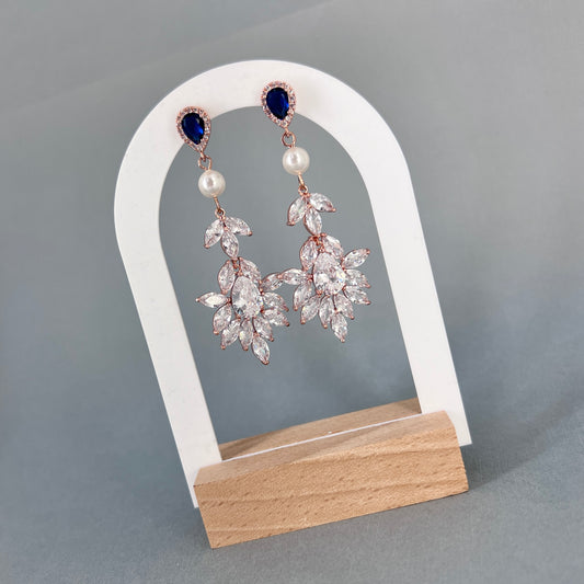 Wedding Statement Floral Marquise Blue Crystal and Pearl Earrings