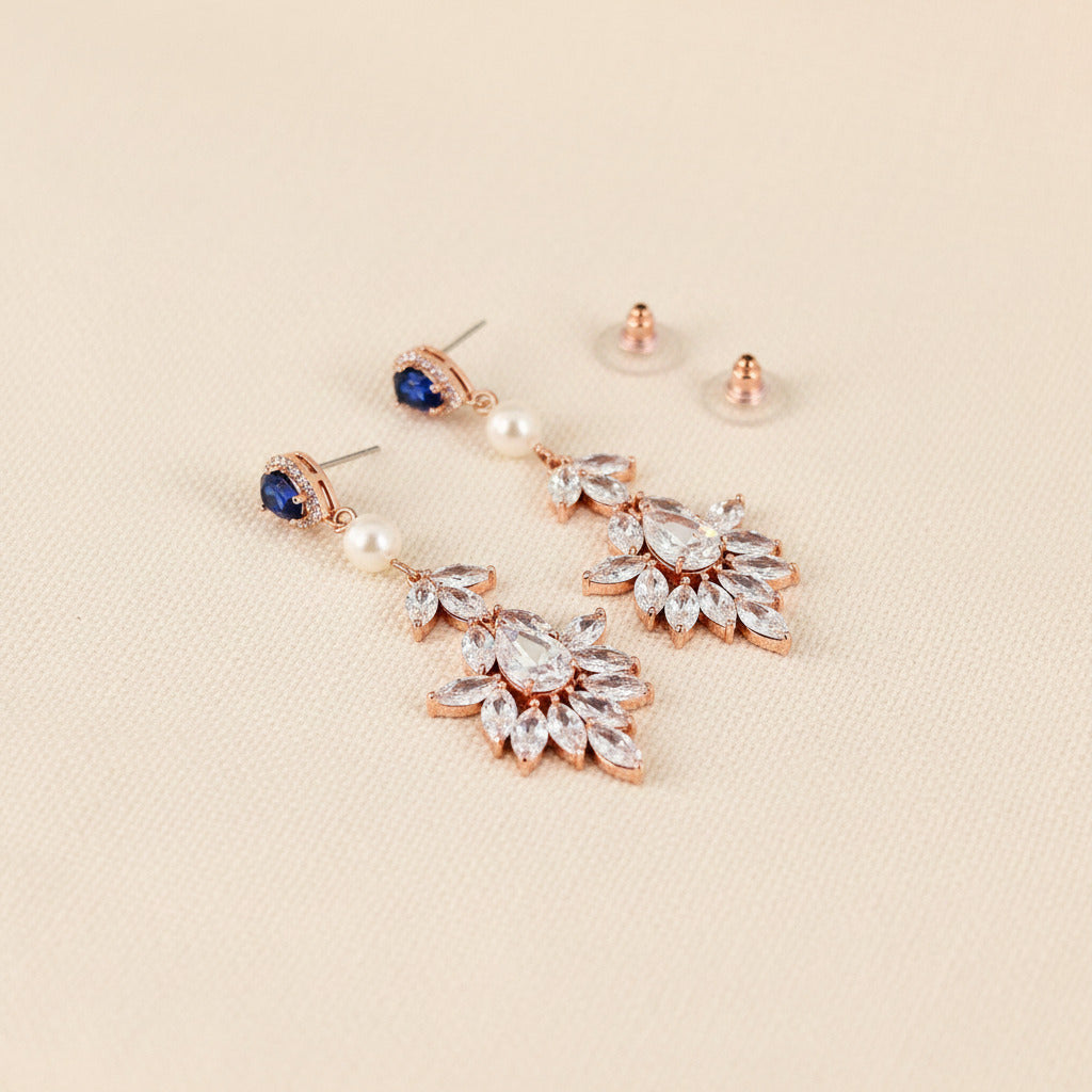 Wedding Statement Floral Marquise Blue Crystal and Pearl Earrings