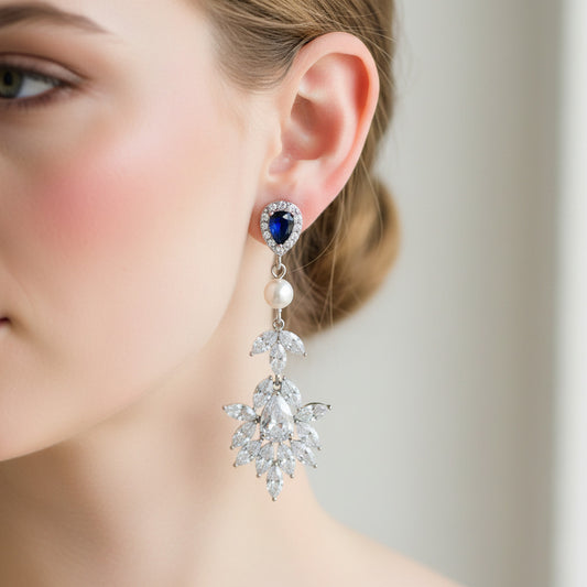 Wedding Statement Floral Marquise Blue Crystal and Pearl Earrings