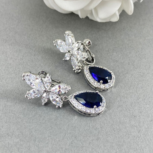 Wedding Bridal Something Blue CZ Floral Clip-on Earrings