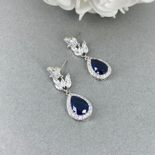 Wedding Bridal Something Blue CZ Floral Earrings