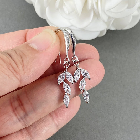 Wedding Bridal Cubic Small Leaf Dangle Earrings