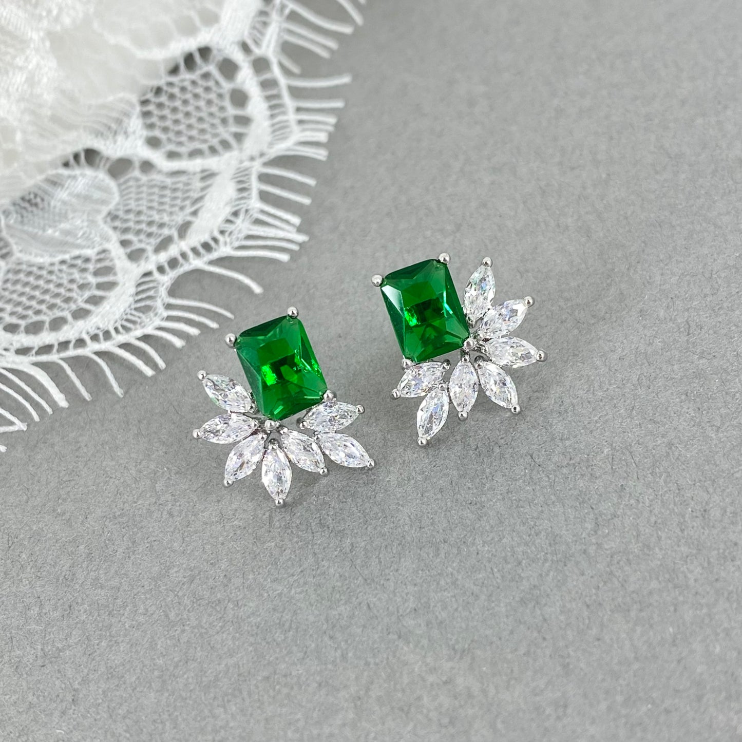 Wedding Bridal Cubic Emerald Green Flower Stud Earrings