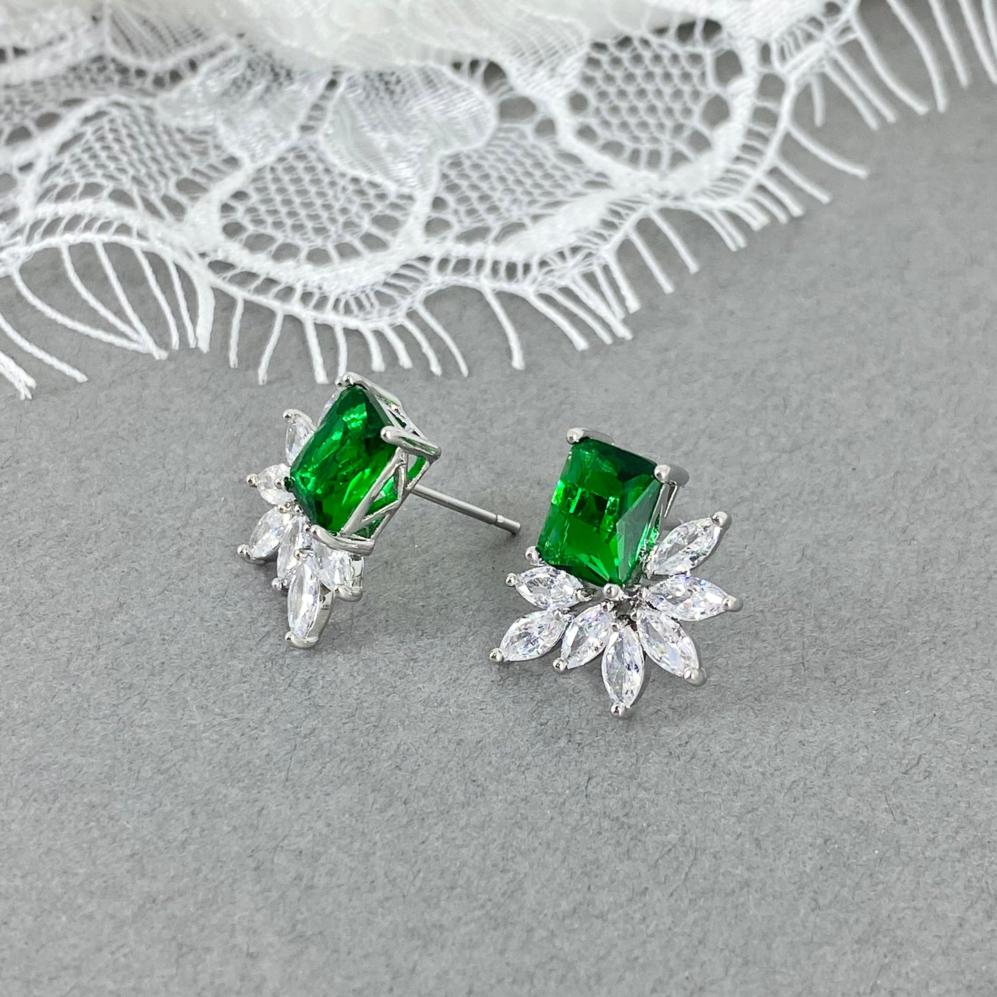 Wedding Bridal Cubic Emerald Green Flower Stud Earrings
