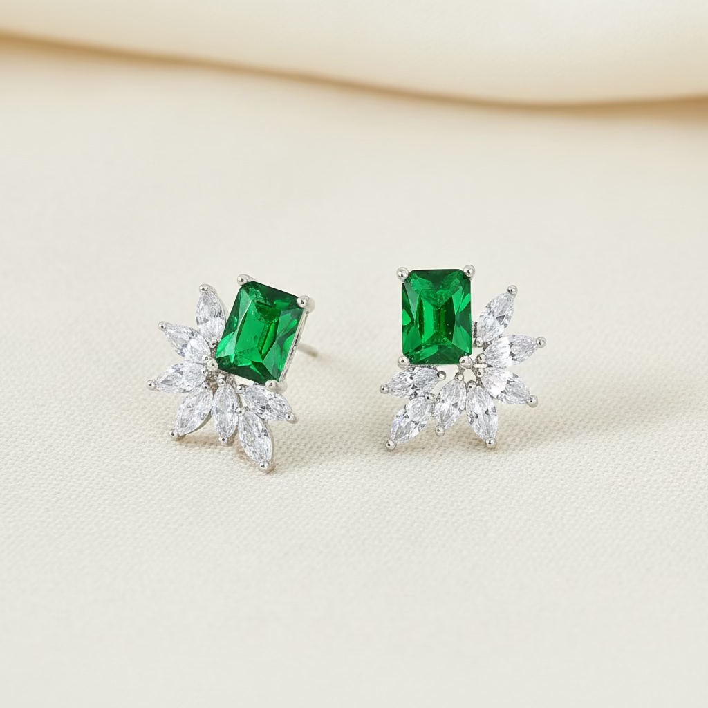 Wedding Bridal Emerald Green Flower Stud Earrings