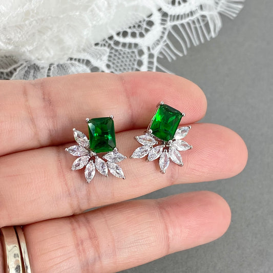 Wedding Bridal Cubic Emerald Green Flower Stud Earrings