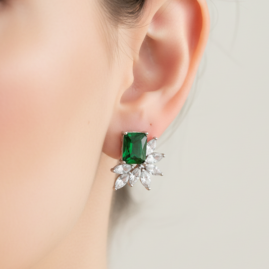 Wedding Bridal Emerald Green Flower Stud Earrings