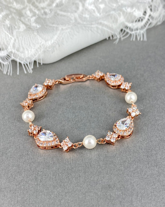 Clearance CZ Rose Gold Plated Teardrop and Pearl Bracelet