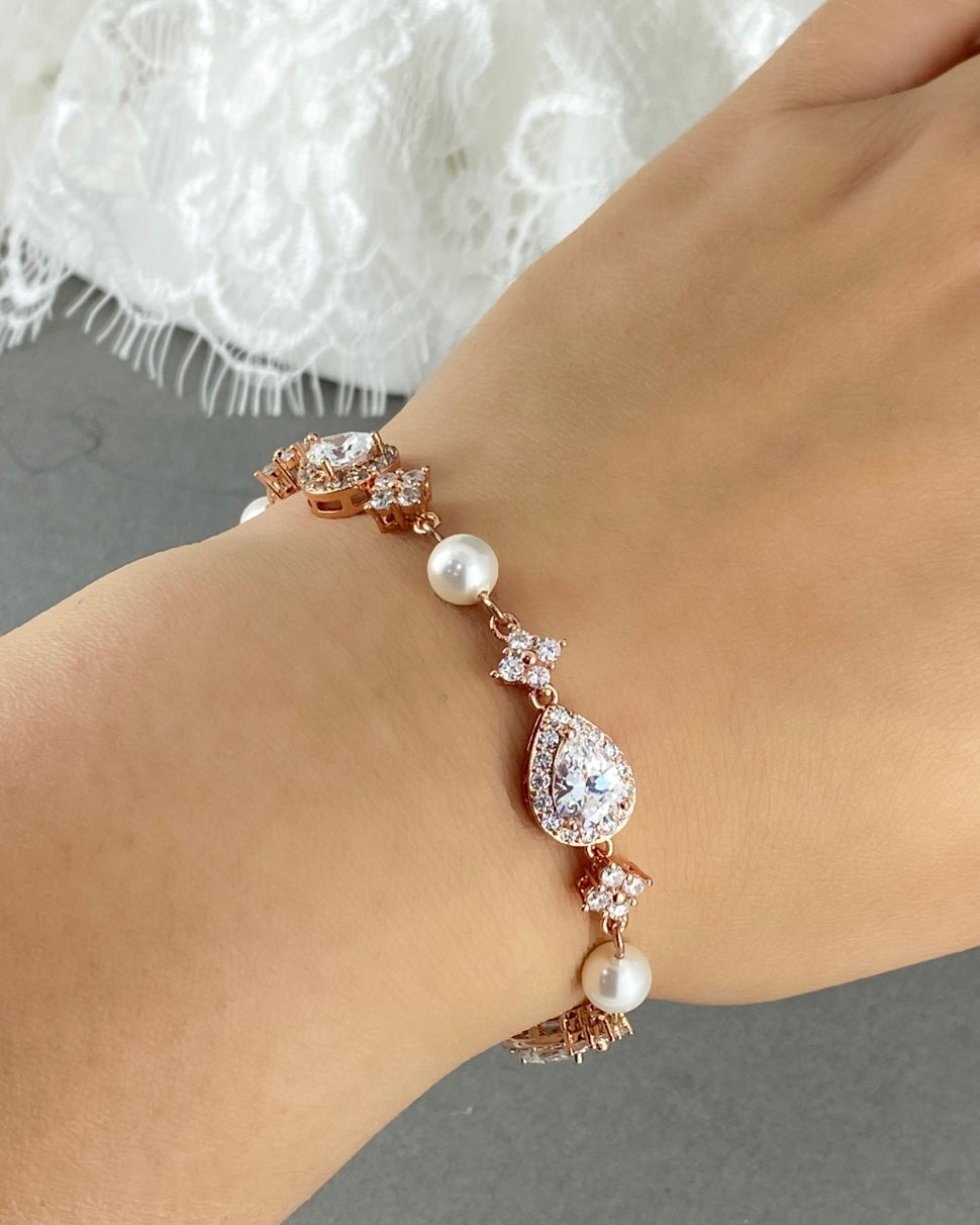 Clearance CZ Rose Gold Plated Teardrop and Pearl Bracelet