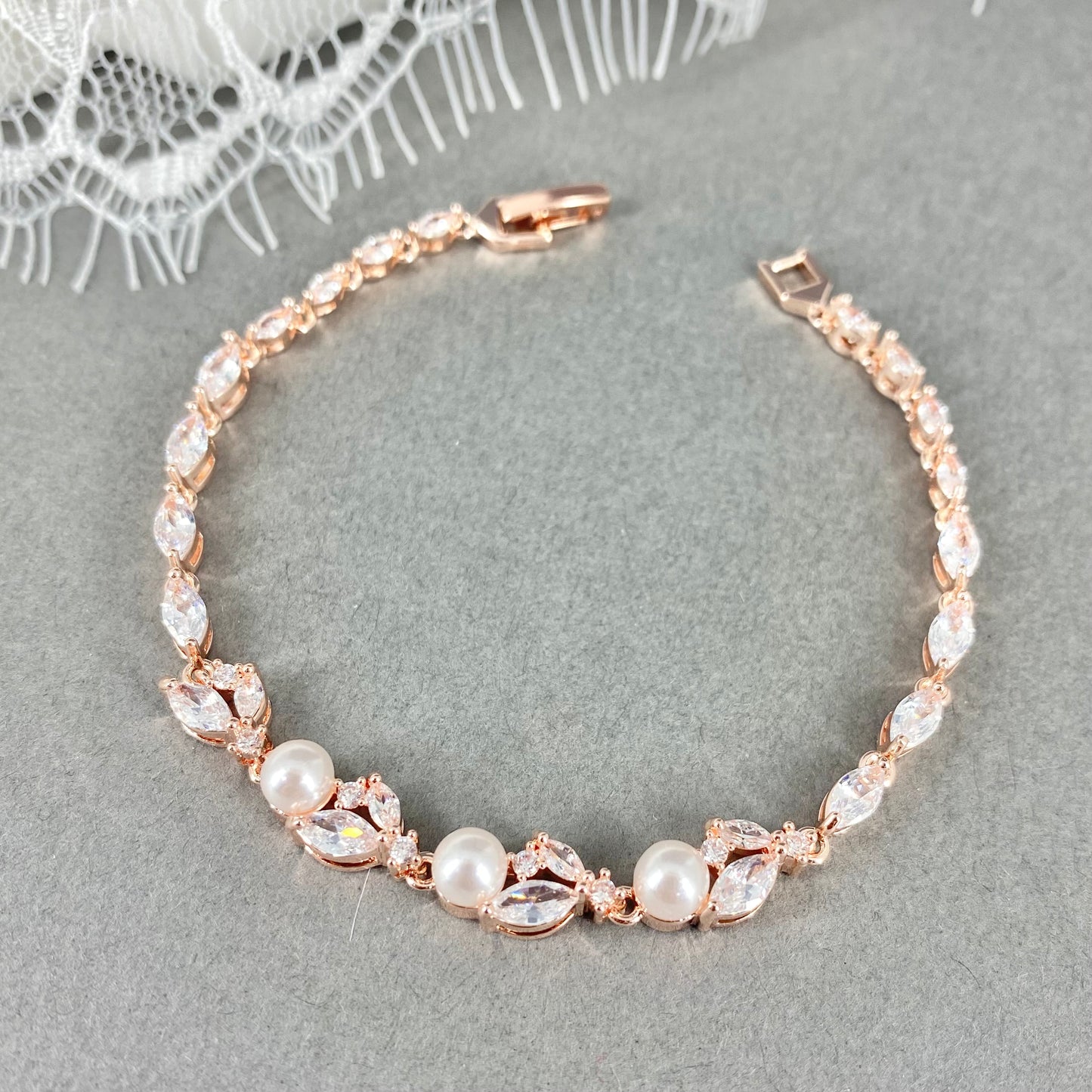 Cathy CZ Marquise and Pearl Tennis Bracelet