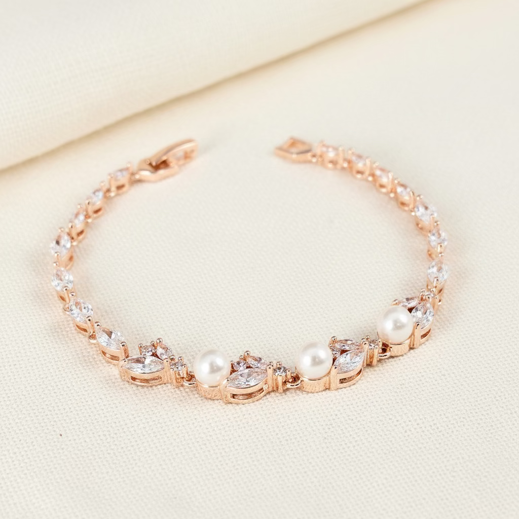 Wedding Bridal Cubic Marquise and Pearl Tennis Bracelet
