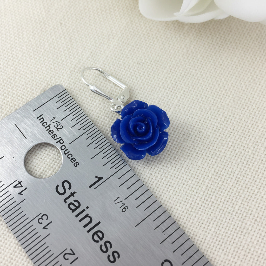 Royal Blue Rose Flower Dangle Drop Earrings