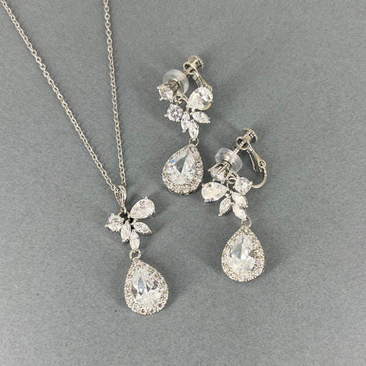 Lilie 2pcs CZ Floral Necklace and  Clip-on Earrings Set