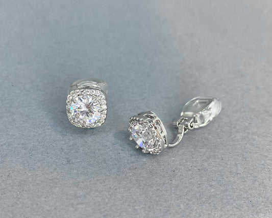 Wedding Bridal Bridesmaids Square Clip-on Cubic Earrings
