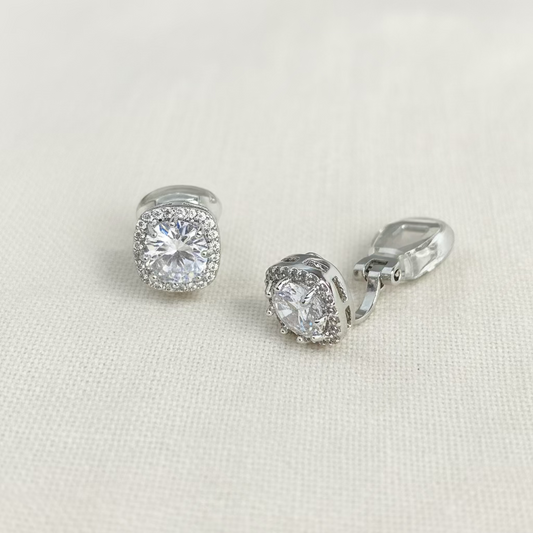 Wedding Bridal Bridesmaids Square Clip-on Cubic Earrings