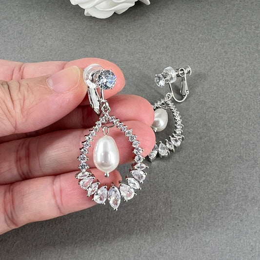 Wedding Bridal CZ Oval and Pearl Clip-on Earrings