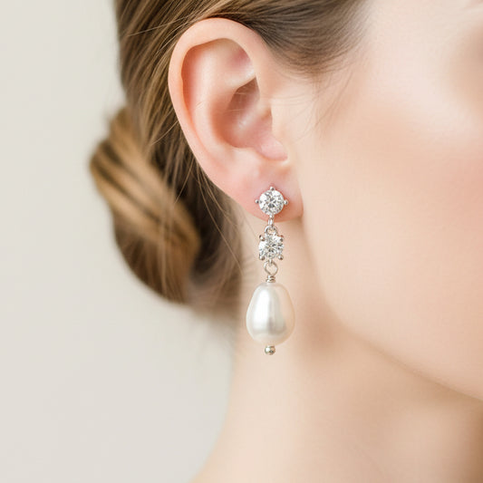 Wedding Bridal Pear Pearl Dangle Clip-on Earrings