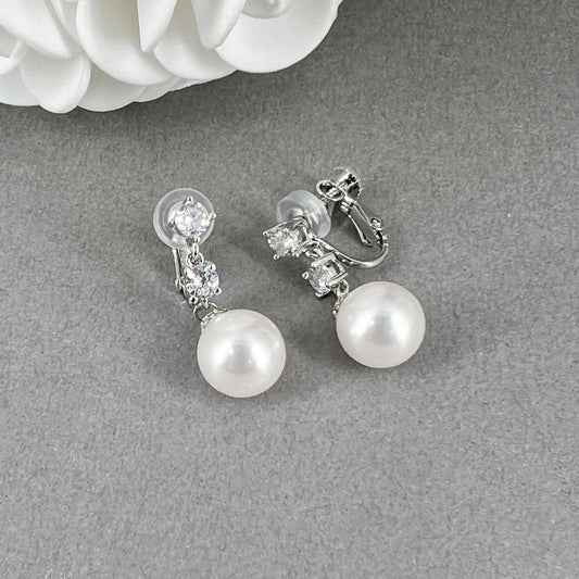 Wedding Bridal 10mm Pearl Dangle Clip-on Earrings
