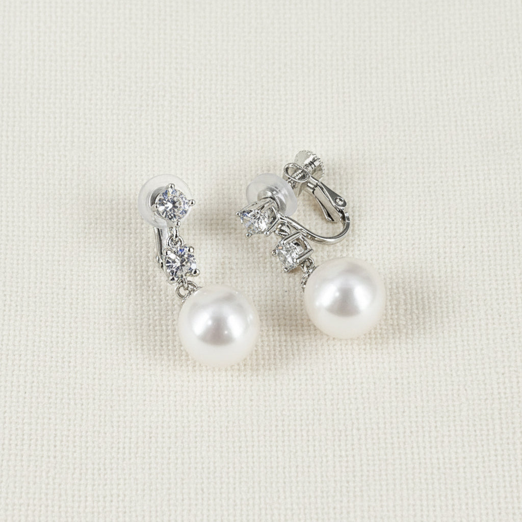Wedding Bridal 10mm Pearl Dangle Clip-on Earrings