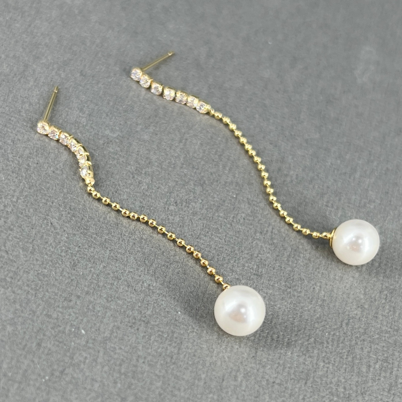 Aceline CZ 18K Gold Plated Linear Pearl Drop Earrings