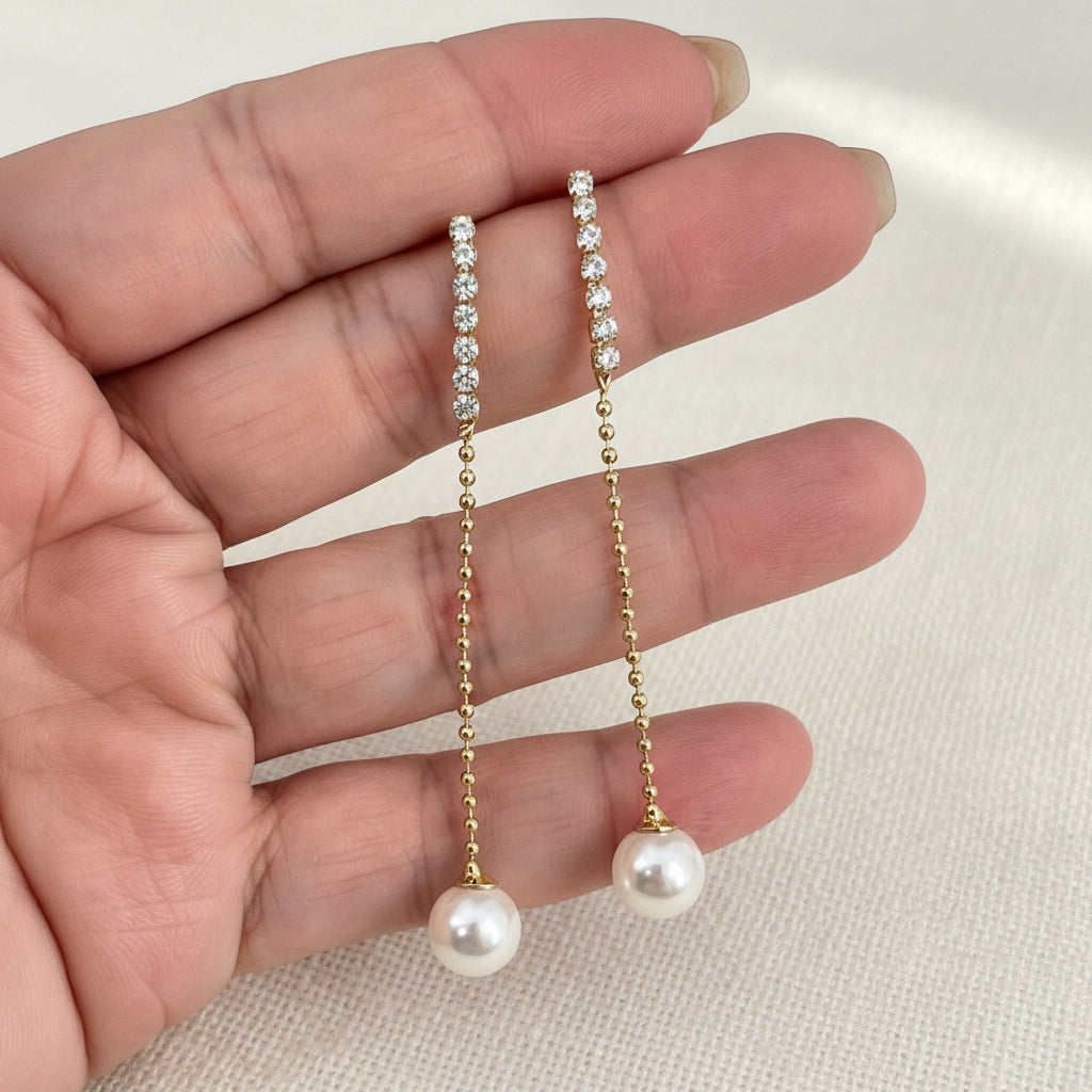 Wedding Bridal CZ 18K Gold Plated Linear Pearl Drop Earrings