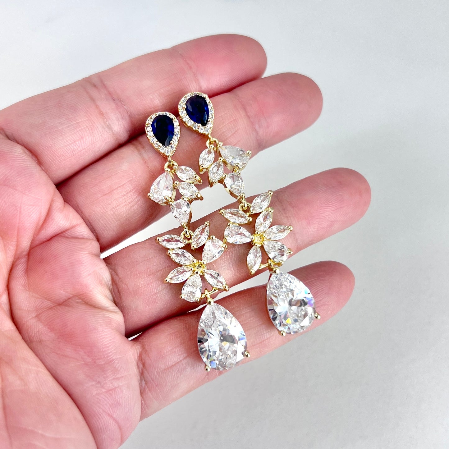 Wedding Marquise CZ Statement Sapphire Blue Earrings