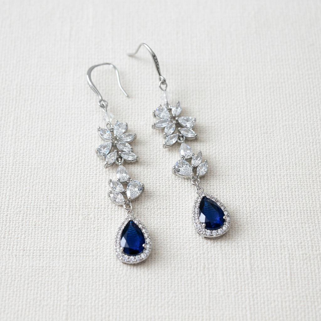 Bridal Wedding Sapphire Something Blue Teardrop Long Earrings