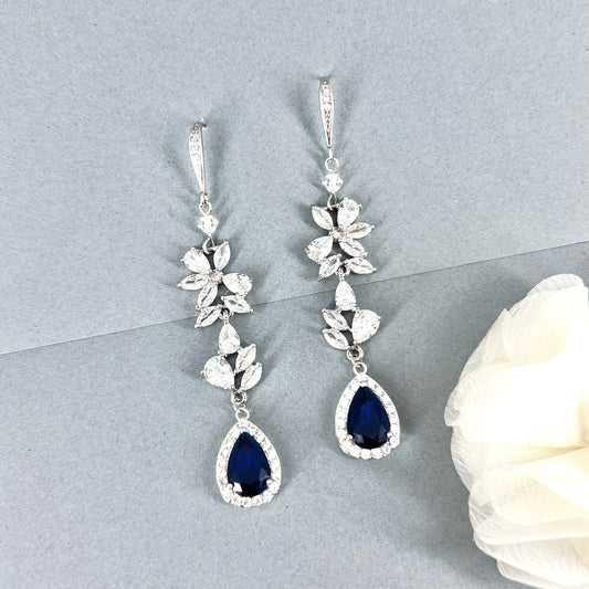 Bridal Wedding Sapphire Something Blue Teardrop Long Earrings