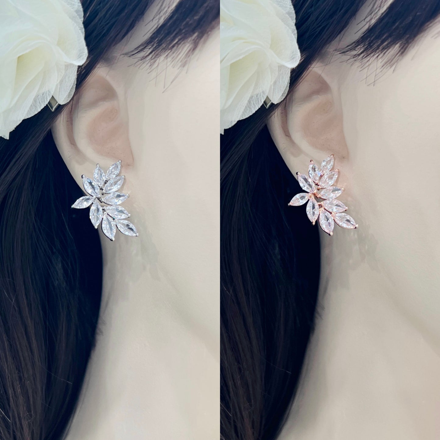 Wedding Bridal Leaf Cubic Zirconia Stud Earrings