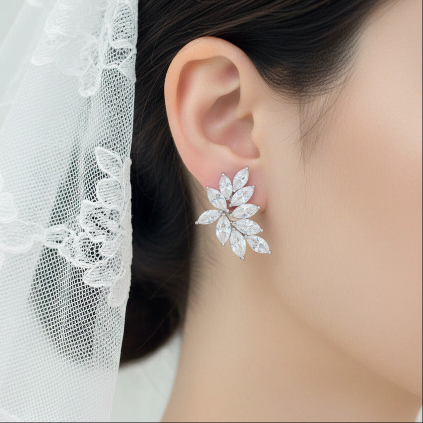 Wedding Bridal Leaf Cubic Zirconia Stud Earrings
