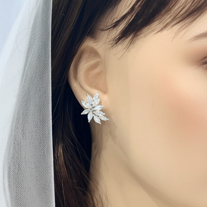 Wedding Bridal Leaf Cubic Zirconia Stud Medium Size Earrings