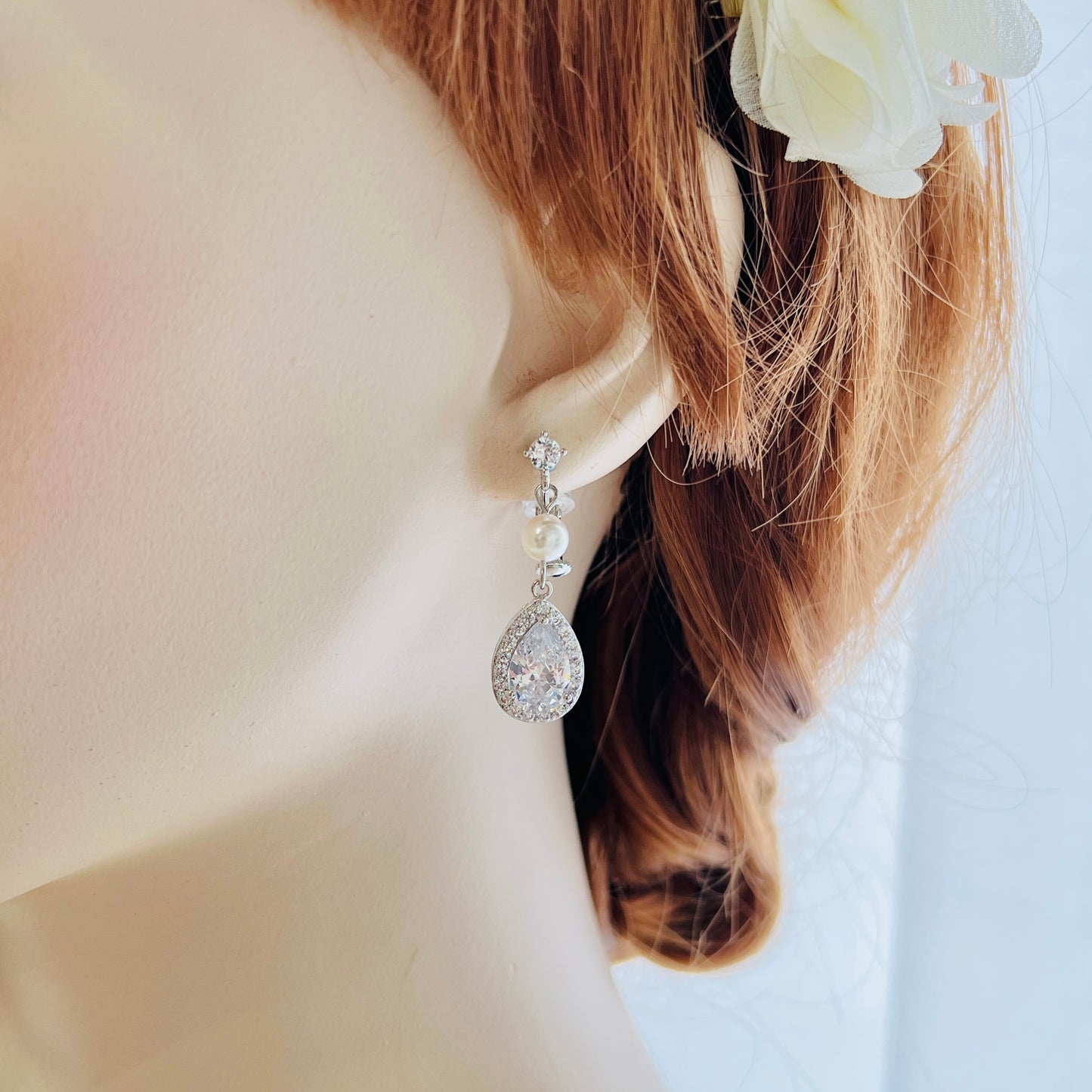 Wedding Bridal CZ Teardrop and Pearl Clip-on Earrings