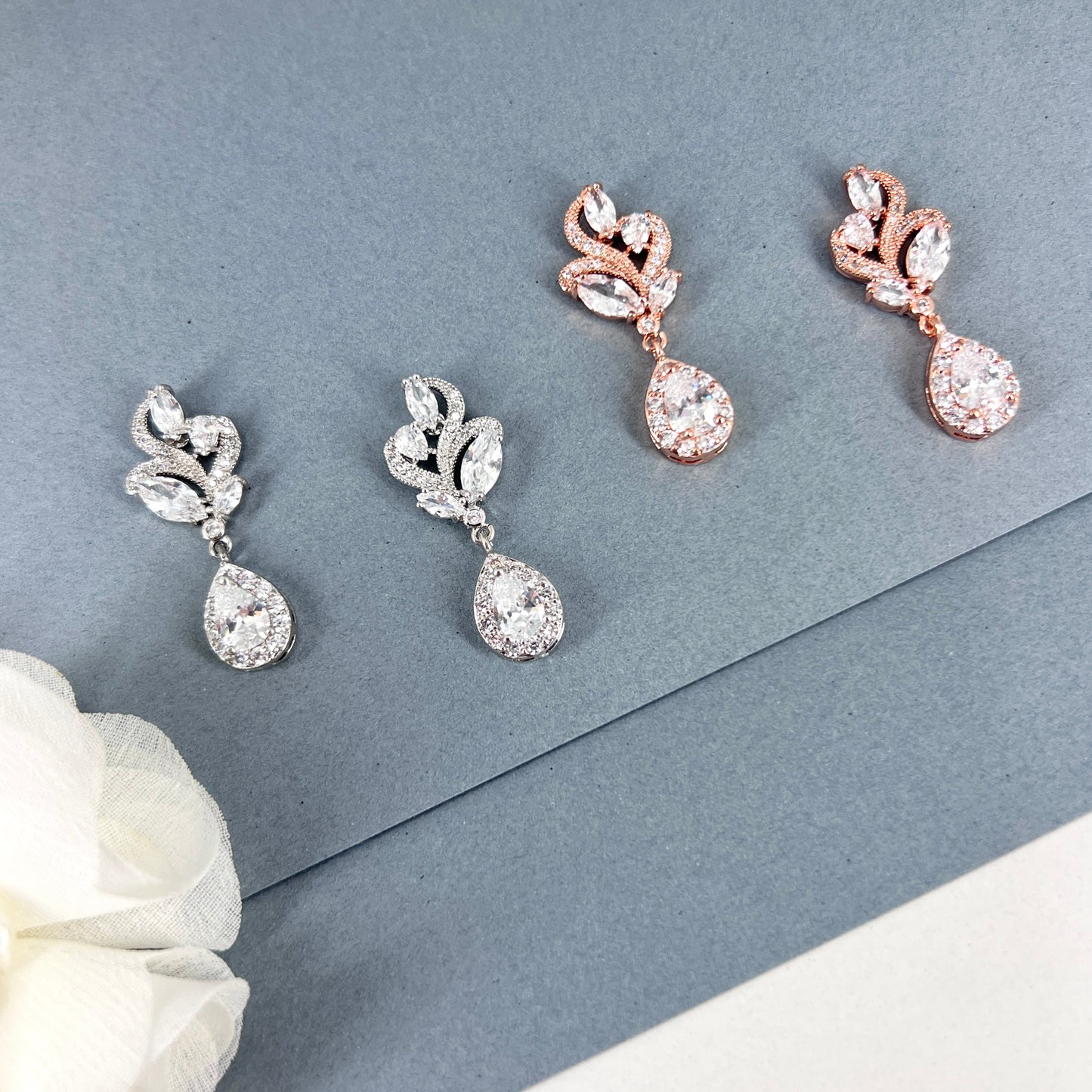 Wedding Bridal Marquise Floral Cubic Zirconia Stud Earrings