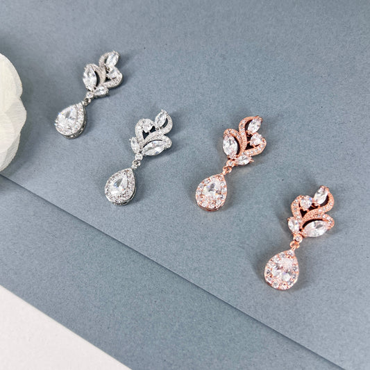 Wedding Bridal Marquise Floral Cubic Zirconia Stud Earrings