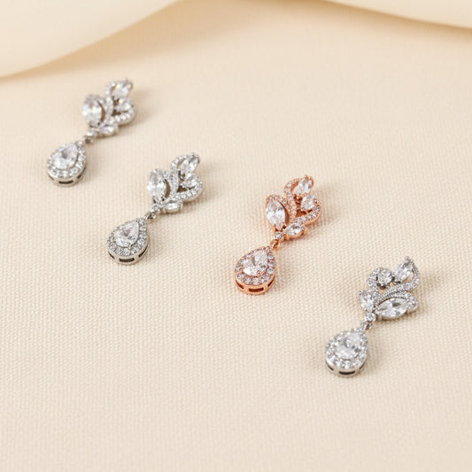 Wedding Bridal Marquise Floral Cubic Zirconia Stud Earrings