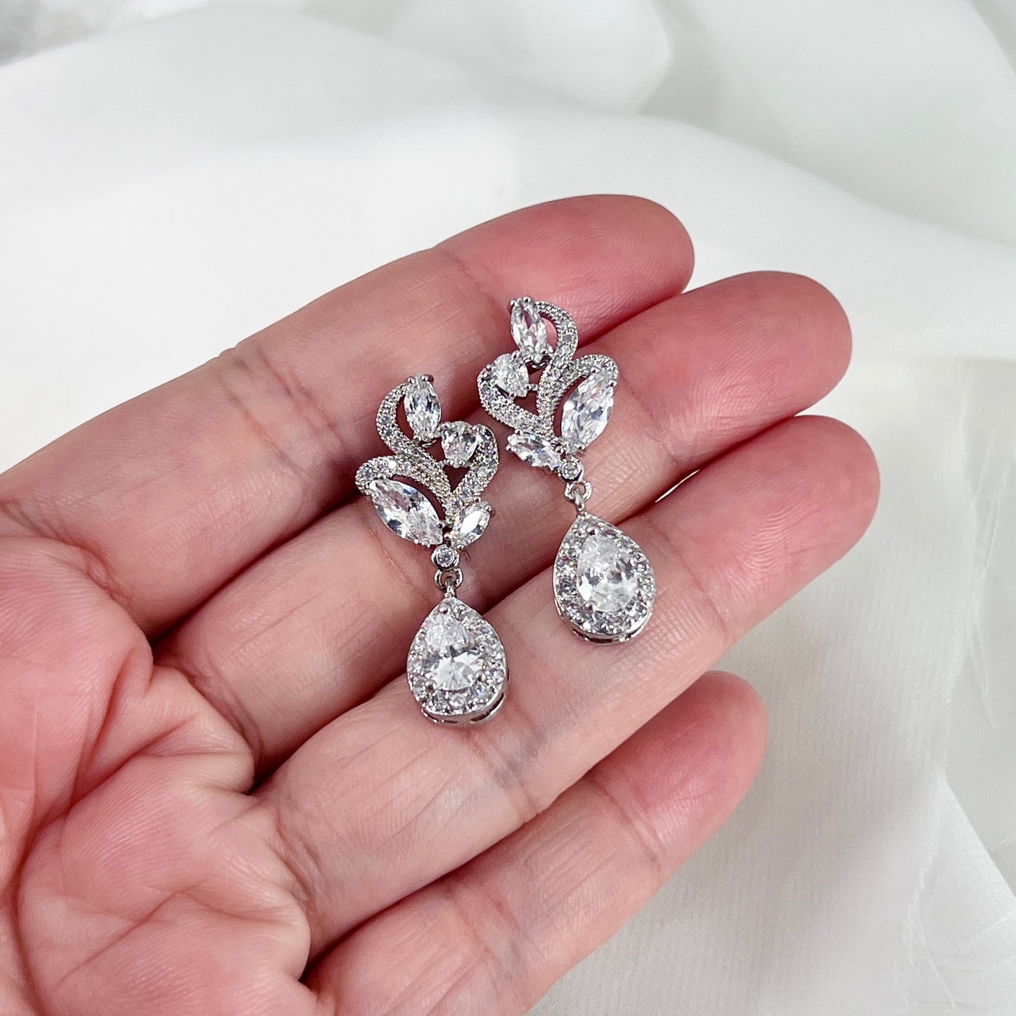 Wedding Bridal Marquise Floral Cubic Zirconia Stud Earrings