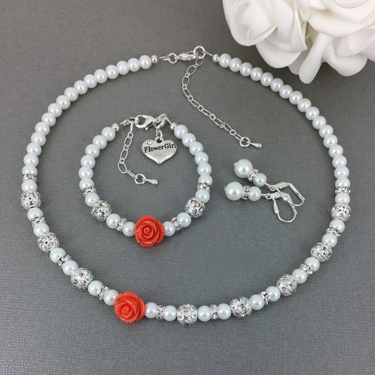 Coral Resin Rose Pearl Necklace Flower Girl Charm Bracelet Earrings