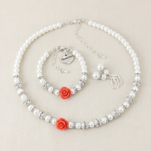Coral Resin Rose Pearl Necklace Flower Girl Charm Bracelet Earrings