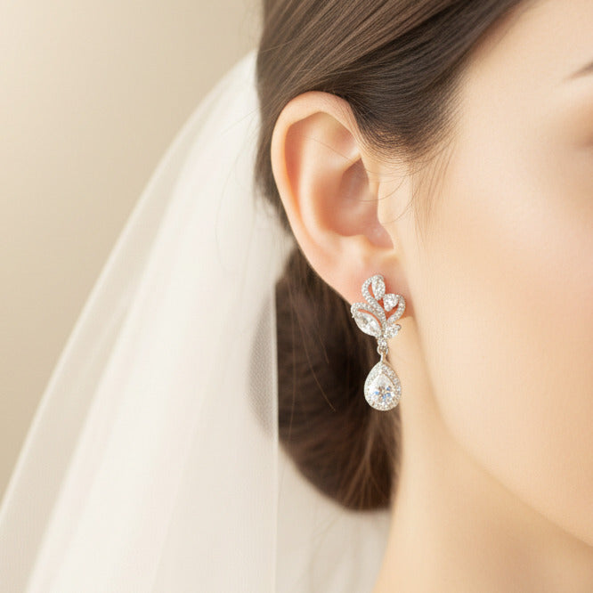 Wedding Bridal Marquise Floral Cubic Zirconia Stud Earrings