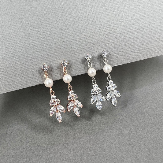Wedding Bridal Bridesmaids Leaf and White Pearl Clip-on Earrings