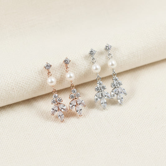 Wedding Bridal Bridesmaids Leaf and White Pearl Clip-on Earrings