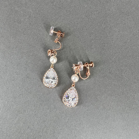 Wedding Bridal CZ Teardrop and Pearl Clip-on Earrings