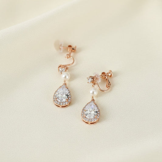 Wedding Bridal CZ Teardrop and Pearl Clip-on Earrings