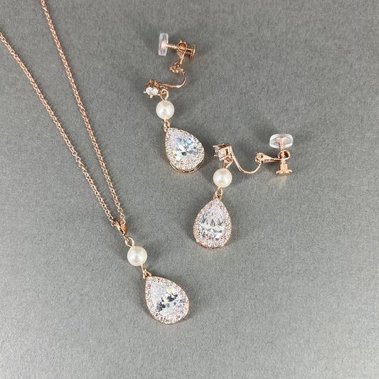 Wedding Bridal 2pcs CZ Necklace and Clip-on Earrings Set