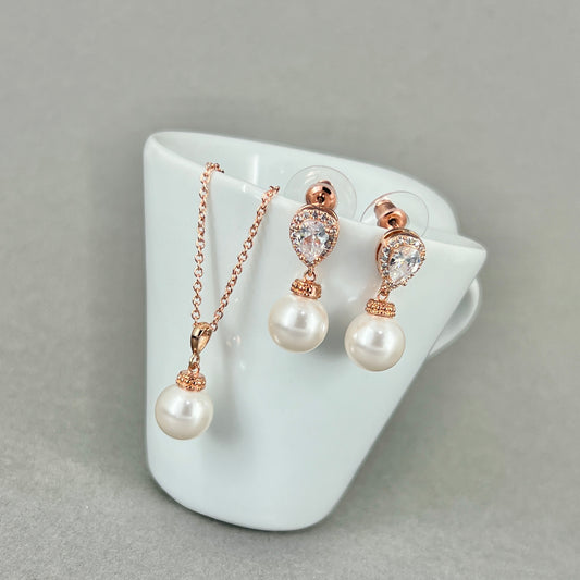 Lucille 2pcs CZ Rose Gold Plated Pearl Necklace and Earrings Set