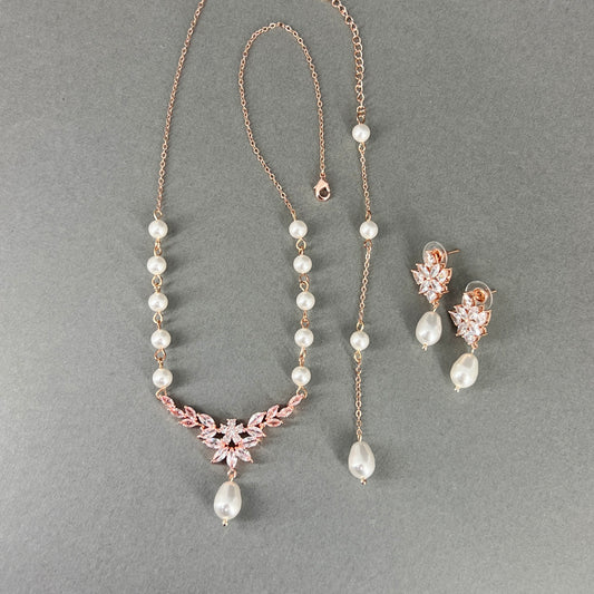 Wedding Bridal 2pcs CZ Floral and Pearl Backdrop Necklace and Earrings Set