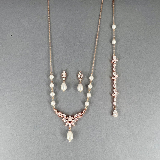 Wedding Bridal 2pcs CZ Marquise and Pearl Backdrop Necklace and Earrings Set