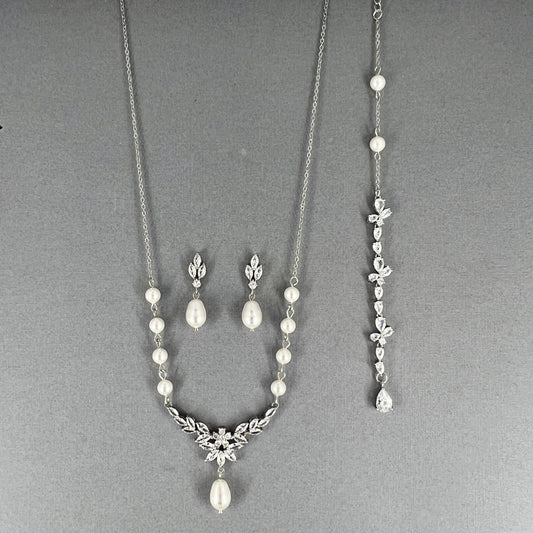 Wedding Bridal 2pcs Marquise Floral and Pearl Backdrop Necklace and Earrings Set