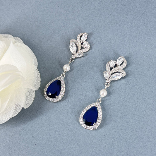 Bridal Wedding Sapphire Something Blue Teardrop Floral Earrings