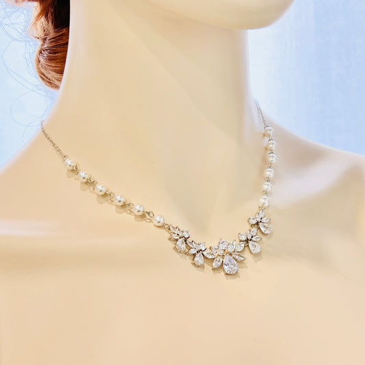 Wedding Bridal 2pcs CZ Floral and Pearl Backdrop Necklace and Earrings Set